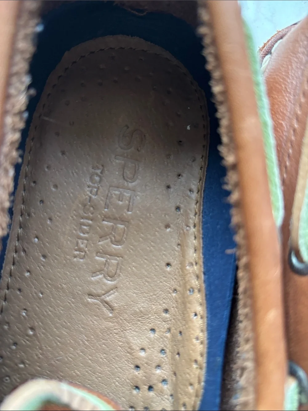 Sperry Men’s Brown Leather 2-Eye Boat Shoes with Green Laces 8.5M